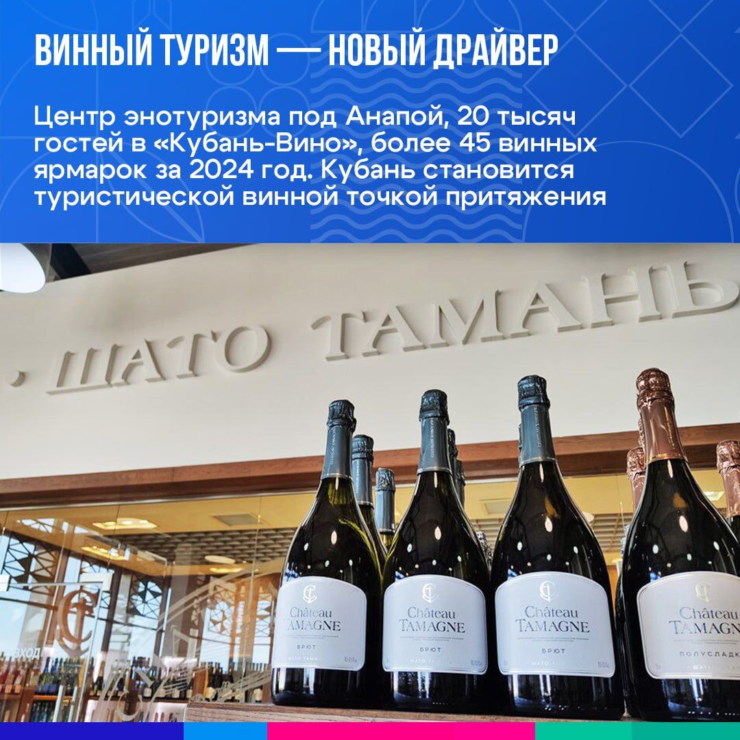Виноделие на Кубани: новый уровень. За последнюю десятилетку винодельческая отрасль в Краснодарском крае вышла на новый уровень благодаря системной поддержке властей и лично губернатора Вениамина Кондратьева. Анапа стала первым российским городом, где статус виноградопригодных земель закрепили в генплане, зарезервировав под виноградники более 30 тыс. га сельхозземель. С 2020 г. на курорте заложили более 2000 га виноградников, которыми сейчас занято 5,5 тыс. га, а валовое производство винограда увеличилось с 24,5 тыс. тонн в 2020 г. до 50 тыс. тонн в 2024-м. Для развития отрасли в Анапе привлекли более 3,5 млрд руб. инвестиций и свыше 350 млн руб. господдержки. Введена в эксплуатацию единственная на Кубани гравитационная винодельня «Скалистый берег», создано более 20 мини-виноделен на базе виноградарских фермерских хозяйств, рядом со станицей Гостагаевской развивается туристический комплекс «Винная деревня», объединивший более 50 виноделов со всей России. Мощное развитие получил агротуризм, а одной из фишек курорта стал событийный энотуризм. О том, как Кубань стала главным винным регионом страны, читайте в карточках.