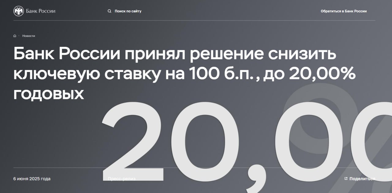 Ставка ЦБ = 20%  -1%   Центробанк снизил ставку спустя почти ТРИ ГОДА. Последний раз такое было в сентября 2022     Цикл повышения, судя по всему, официально ЗАКОНЧЕН    В апреле 2025 года текущий рост цен с поправкой на сезонность снизился до 6,2% в пересчете на год после в среднем 8,2% в 1к25. Аналогичный показатель базовой инфляции составил 4,4% после в среднем 8,9% в предыдущем квартале. При этом большинство индикаторов устойчивой инфляции находятся в диапазоне 5,5–7,5% в пересчете на год. Оперативные данные в мае указывают на дальнейшее снижение текущего роста цен, но со значимым вкладом со стороны волатильных позиций. Годовая инфляция, по оценке на 2 июня, замедлилась до 9,8%.  В снижении инфляционного давления все больше проявляется влияние жестких денежно-кредитных условий на спрос. В то же время ценовая динамика неоднородна по компонентам. Эффекты жесткой денежно-кредитной политики, в том числе через укрепление рубля, особенно сильно отражаются в снижении роста цен на непродовольственные товары. В продовольственных товарах и услугах инфляционное давление пока остается высоким.  Инфляционные ожидания с апреля менялись разнонаправленно. Ценовые ожидания бизнеса продолжили снижаться. Ожидания участников финансового рынка существенно не изменились. Инфляционные ожидания населения несколько выросли. В целом инфляционные ожидания сохраняются на повышенном уровне. Это может препятствовать более устойчивому замедлению инфляции.   Теперь ждём пресс-конференцию Эльвиры Набиулинной, чтобы посмотреть, как Банк России аргументирует снижение и как видит ближайшее будущее экономики  Как вам решение ЦБ? —  /    ‍   Разборы портфелей подписчиков