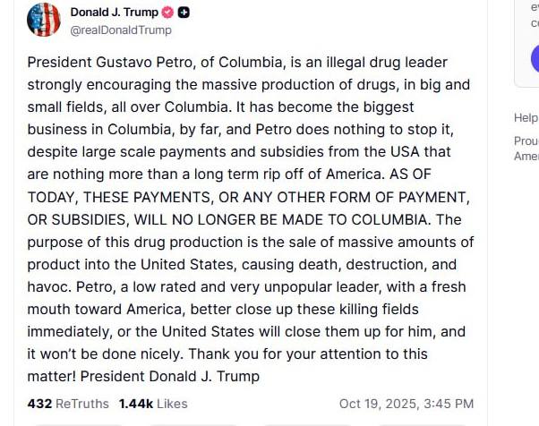 Вслед за Мадуро Трамп нацелился на президента Колумбии Густаво Петро Глава Белого дома назвал своего колумбийского коллегу лидером незаконного наркобизнеса заявил об отмене всех субсидий в отношении Колумбии и пригрозил тем что США сами прикроют наркопроизводство в Колумбии если это не сделает Петро