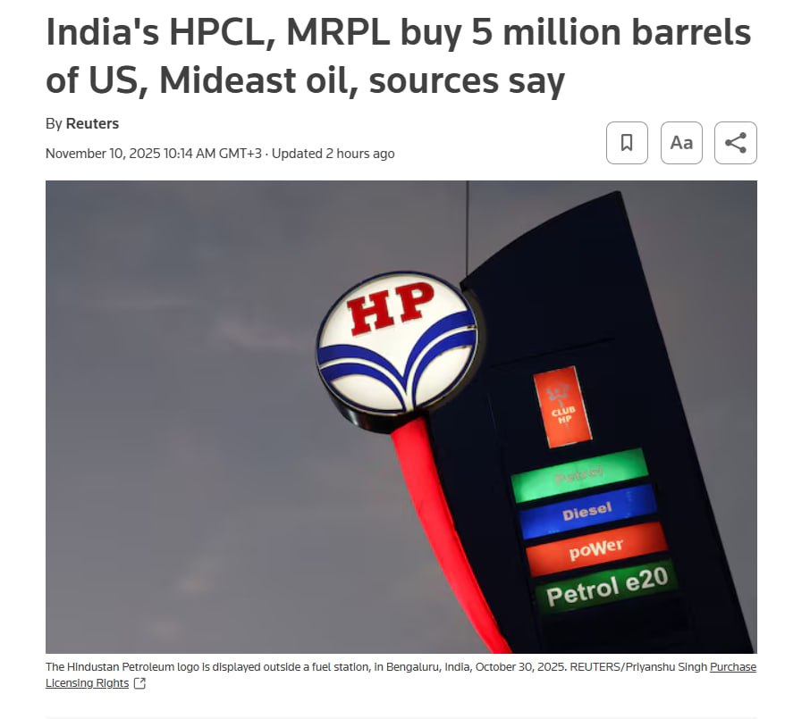 Индийские нефтекомпании HPCL и MRPL приобрели 5 млн баррелей нефти в США и странах Ближнего Востока Индийские государственные компании Hindustan Petroleum Corporation Limited HPCL и Mangalore Refinery and Petrochemicals Limited MRPL заключили контракты на импорт 5 миллионов баррелей сырой нефти из Соединенных Штатов Америки и государств Ближневосточного региона стремясь диверсифицировать источники поставок после сокращения закупок у России investing investing