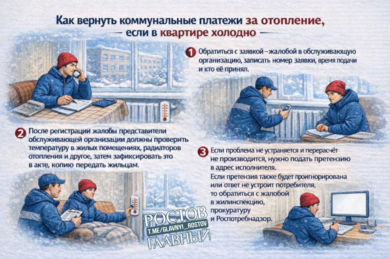 Россияне смогут вернуть деньги за коммунальные платежи за отопление если температура в квартире держится ниже 18 C В угловых комнатах норма не ниже 20 градусов Допустимые перебои с отоплением не более 24 часов в месяц суммарно и не более 16 часов подряд glavnyi rostov Присылайте ваши фото видео новости мне в лс glavnyi admin  РГ в МАХ