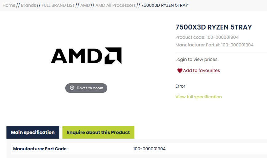 Ryzen 5 7500X3D замечен в базе британского дистрибьютора West Coast Процессор пока не анонсирован но фигурирует с кодом продукта 100 000001904 Судя по индексу это младший брат Ryzen 5 7600X3D шестиядерный чип с 12 потоками и 96 МБ кэша L3 Пока неизвестно где именно появится новинка возможно стартует ограниченно как когда то 7600X3D а затем дойдёт до мирового рынка По слухам официальная премьера может состояться на CES 2026 в январе одновременно с Ryzen 7 9850X3D и Ryzen 9 9950X3D2