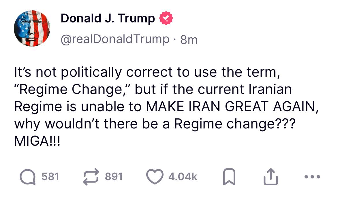 Дональд Трамп в социальной сети Truth Social: «Политически некорректно использовать термин “смена режима”, но если нынешний иранский режим не способен СНОВА СДЕЛАТЬ ИРАН ВЕЛИКИМ, почему бы не провести смену режима??? MIGA!!!» MIGA - Make Iran Great Again Сделаем Иран снова великим #интеллиньюз