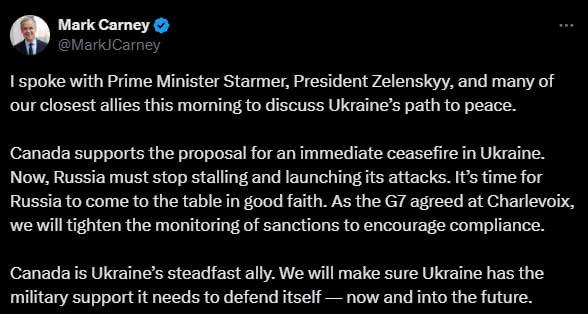 Новый премьер Канады после разговора с Зеленским: пора России сесть за стол переговоров  «Канада поддерживает предложение о немедленном прекращении огня в Украине. Теперь Россия должна прекратить промедление и нападение. необходимую для защиты – сейчас и в будущем», – подчеркнул Марк Карни после разговоров с премьер-министром Великобритании Киром Стармером, президентом Украины Владимиром Зеленским «и многими ближайшими союзниками», в которых говорилось о «путь Украины к миру».