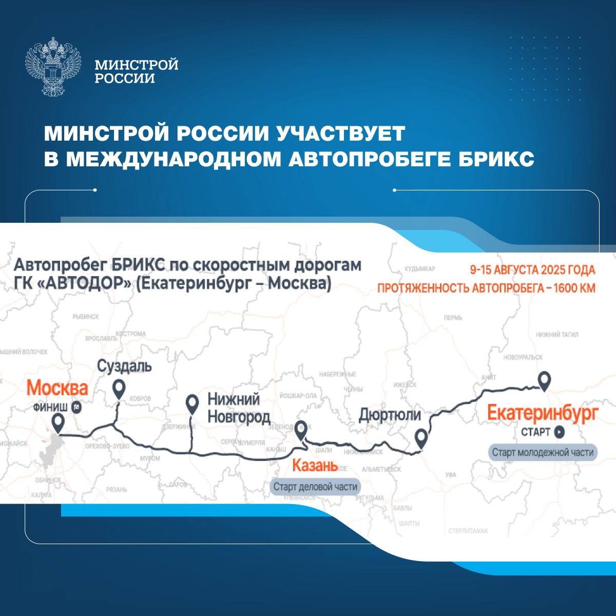 Автопробег БРИКС — это первый международный автопробег по скоростным дорогам из Екатеринбурга в Москву 1600 км в пути.   Участники Автопробега стали: Бразилия, Россия, Индия, Китай, ЮАР, Иран, Египет, Эфиопия, ОАЭ, Саудовская Аравия, Индонезия.  В автопробеге принимают участие студенты из стран БРИКС. Центром компетенций образовательной деятельности Минстроя России подготовлена обширная программа для молодежи:   Практикум «Развитие туристской инфраструктуры через призму национальной идентичности», ребята будут трудится над разработкой концепции туристического объекта на федеральной трассе;   Практикум «Создать интернациональный город будущего», погружение в урбанистику: цифровизация, сохранение культурного кода, комфортная среда и эволюция городов.  В пути участников ждет уникальный формат – Радиоэфир с экспертами, квиз, и флэшмобы на остановках.  ↪  Целью мероприятия является укрепление практического сотрудничества между странами БРИКС, а также демонстрация достижений инфраструктуры, промышленного и торгового потенциала России.