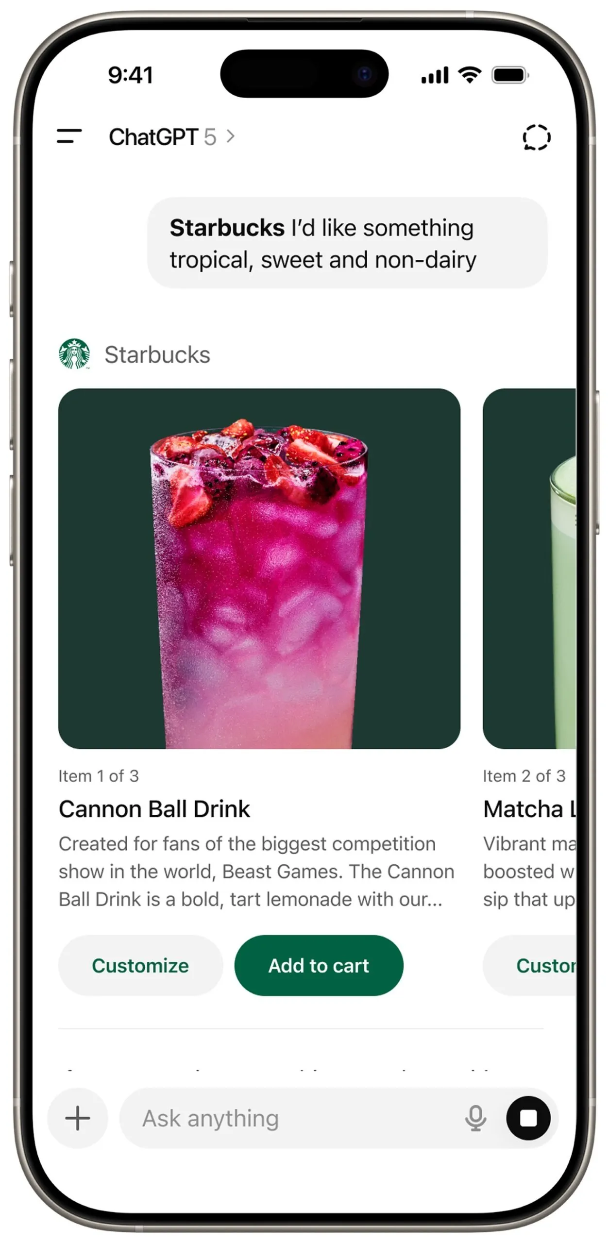 Starbucks заколлабился с ChatGPT Прямо в интерфейсе нейронки можно заказать доставку напитков и еды Флоу заказа в ChatGPT занял 103 секунды