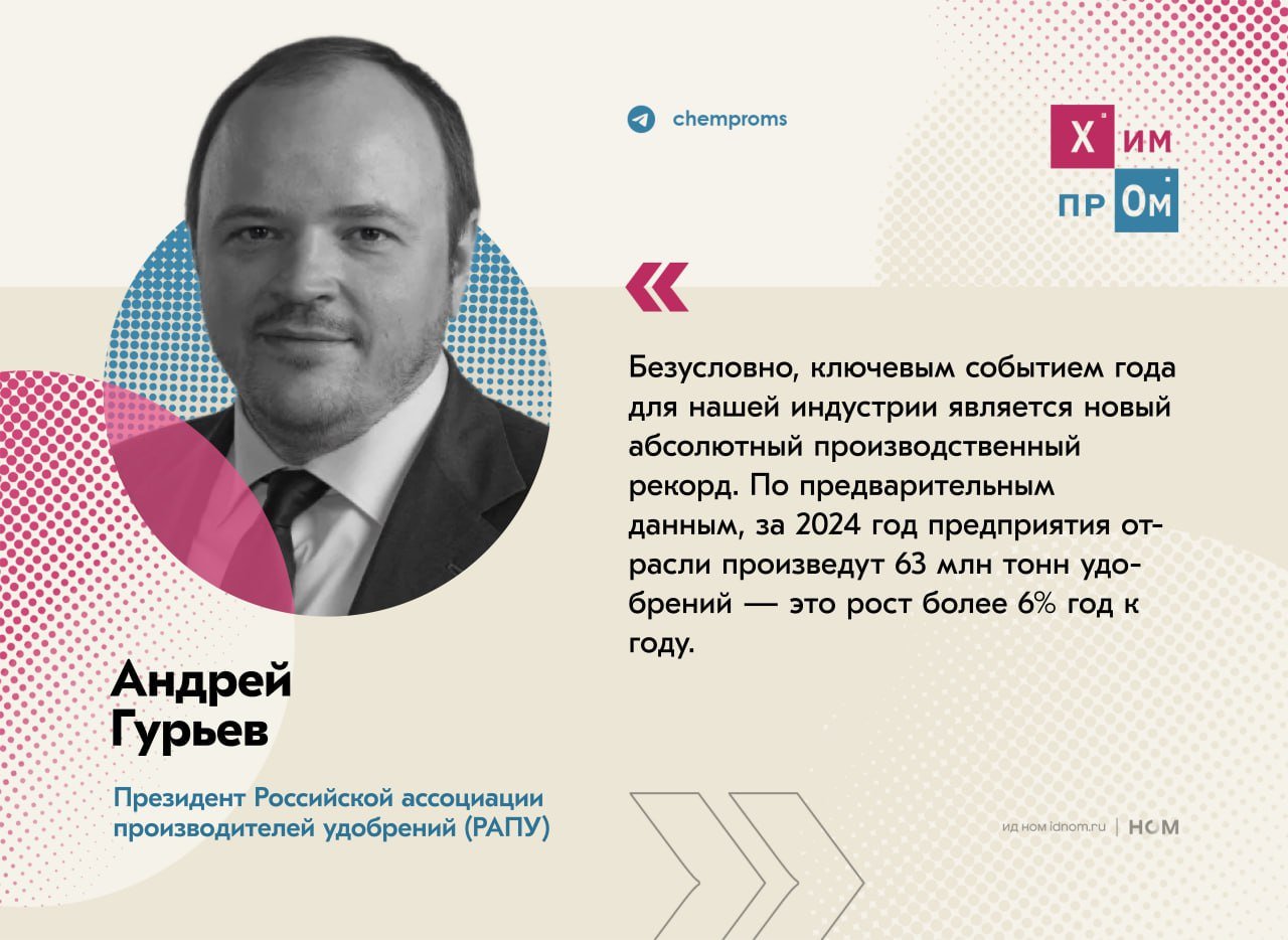 РАПУ подводит итоги уходящего 2024 года.    Президент Российской ассоциации производителей удобрений  РАПУ  Андрей Гурьев дал комментарии по итогам промышленного производства удобрений по итогам 2024 года. Он ещё раз отметил, что выпуск минеральной продукции за этот год достиг рекордных результатов, показав рост более чем на 6% год к году. Ранее об успехах отрасли также высказался министр промышленности и торговли РФ Антон Алиханов.  Гурьев подчеркнул, что по объёмам производства Россия уверенно обошла США, Индию и Канаду, укрепив свои позиции на втором месте в мире сразу после Китая. При этом РФ продолжает удерживать первое место на мировом рынке по поставкам удобрений. Среди прочих заявлений главы РАПУ, касающихся достижений отрасли, можно выделить:    Полное закрытие спроса на удобрения — Россия полностью обеспечивает отечественных аграриев необходимой продукцией, спрос на которую был в полном объёме закрыт ещё в начале декабря 2024 года;   Инвестиции в отрасль — за последние 10 лет вложения в развитие сектора производства удобрений составили около 1,9 трлн рублей. В настоящее время на стадии реализации находятся другие проекты на сумму более 1,5 трлн рублей;   Увеличение экспорта — в этом году российский экспорт побил рекорд 2023 года, превысив отметку в 40 млн тонн удобрений. Из этого объёма почти 75% приходится на дружественные страны.  В перспективе дальнейшего развития отрасли РАПУ прогнозирует рост выпуска минеральных удобрений в России до 80 млн тонн к 2030 году.    Отметим, что правительство РФ также продолжает поддерживать производителей в отрасли. В частности, в начале декабря для минеральных удобрений были уменьшены ставки вывозных таможенных пошлин до конца 2024 года, а также был упрощён процесс регистрации средств защиты растений.