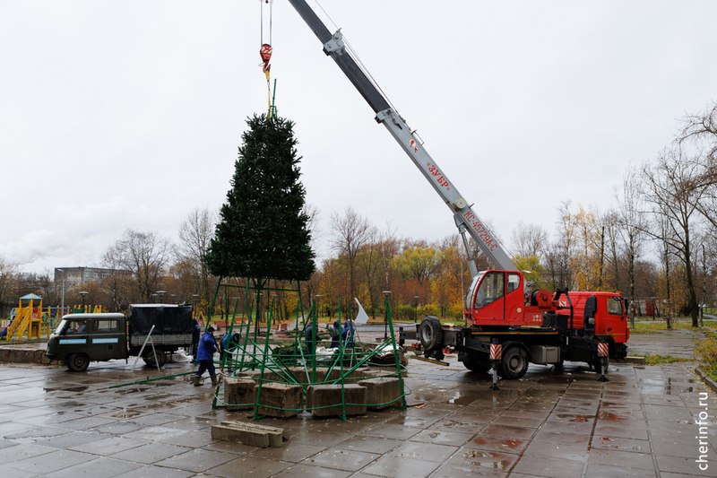 В Череповце начали устанавливать новогодние елки Первое праздничное дерево поставят у ДК Северный Специалисты Водоканала уже приступили к монтажу   cherinfo ru news 143001 v cerepovce nacali ustanavlivat novogodnie elki
