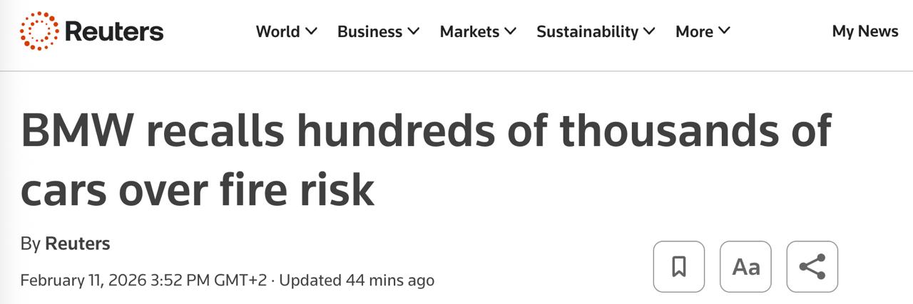 BMW отзывает более полумиллиона автомобилей разных моделей из за угрозы возгорания передает Reuters Проверки продукции и жалобы клиентов выявили возможную неисправность стартера после большого количества запусков что может затруднить или сделать невозможным запуск автомобиля А в худшем случае есть риск возгорания Сайт Страна X Twitter Прислать новость фото видео Реклама на канале Помощь