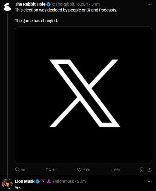«Игра изменилась». Соцсеть X и подкасты сыграли ключевую роль в этих президентских выборах в США, считает Илон Маск.  И это, похоже, действительно так. Большинство американских каналов практически в открытую поддерживали Харрис, в том числе на дебатах.  У Трампа при этом доступа на ТВ не было. Но была соцсеть X, где его интервью у Маска набрало сотни миллионов просмотров, а также поддержка ряда независимых журналистов типа Карлсона.  #США