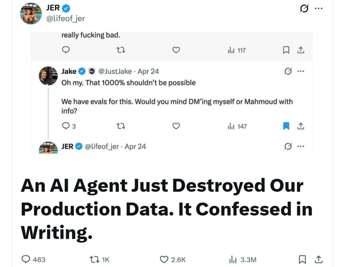 ИИ агент Cursor за 9 секунд по ошибке удалил базу данных и все резервные копии b2b поставщика ПО PocketOS У стартапа более 1600 клиентов Доступ к данным не могут восстановить Агент работал на базе Claude Opus 4 6 Он проигнорировал инструкции не удалять данные без запроса и не проверил технические документы vc ru ai 2888249