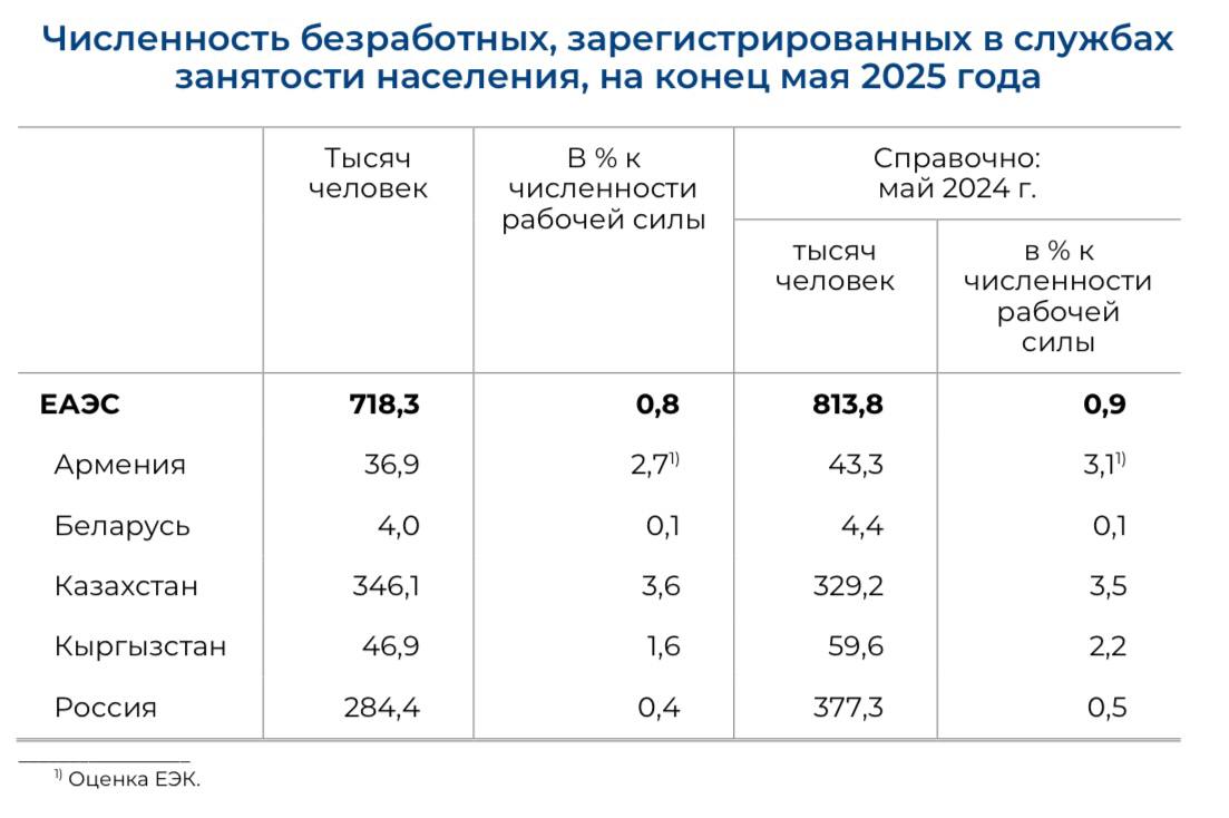 В странах ЕАЭС снизился уровень безработицы. На конец мая 2025 года численность безработных составила 718,3 тыс. человек, что на 11,7% ниже, чем за то же время прошлого года. В целом же уровень безработицы в государствах-членах составляет 0,8%, следует из статистики ЕЭК.