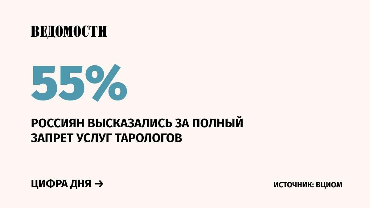 Необходимо запретить коммерческую деятельность тарологов в стране –  так считает 55% опрошенных россиян, следует из исследования  ВЦИОМ. 34% респондентов отметили, что услуги тарологов не стоит запрещать.   Мнения респондентов, которые делали расклады карт таро, разделились почти поровну: 45% выступают за запрет, 47% – против запрета.  83% опрошенных считают, что карты таро скорее не могут помочь в решении жизненных вопросов, следует из исследования ВЦИОМ.    «Хотя в обществе в целом доминирует запретительный настрой, существует обширная группа россиян, прежде всего молодых, кто не видит ничего вредного или опасного в картах таро и сам не прочь погадать на них», – пояснил гендиректор ВЦИОМ Валерий Федоров.    Подпишитесь на «Ведомости»