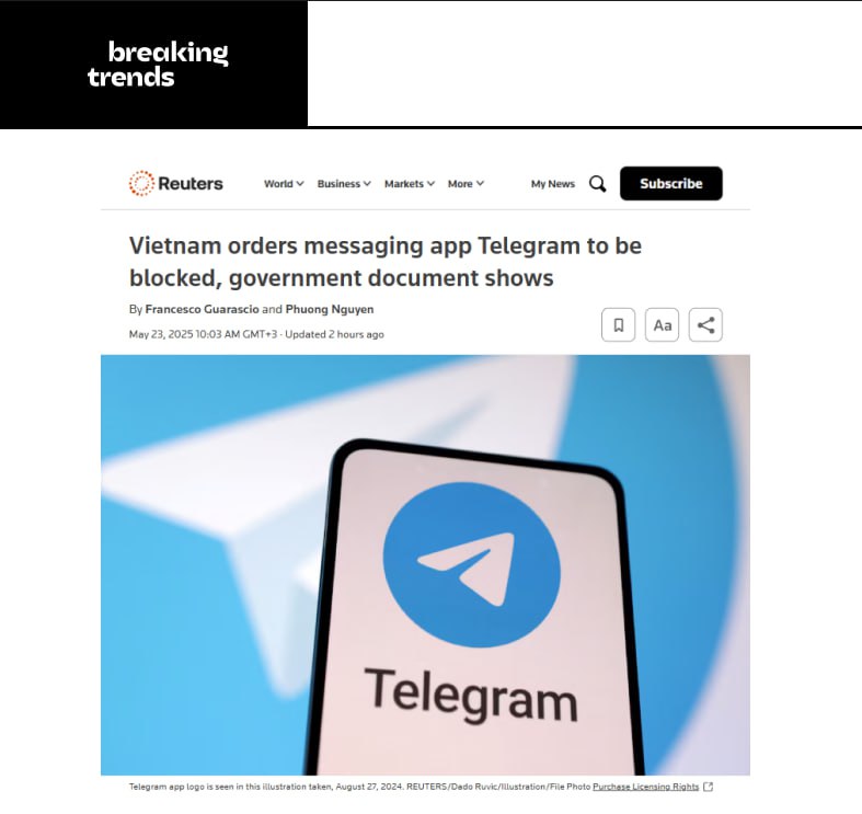 Telegram начнут блокировать во Вьетнаме — из-за отказа раскрывать данные пользователей и админов каналов, нарушающих закон. В официальном документе говорится, что из 9600 вьетнамских каналов в Telegram 68% нарушают местное законодательство. Поэтому до 2 июня всем телеком-провайдерам страны предписано заблокировать мессенджер. Вьетнам станет пятой страной, где Telegram заблокирован. Ранее доступ к мессенджеру ограничили в Китае, Иране, Таиланде и Сомали. Breaking Trends