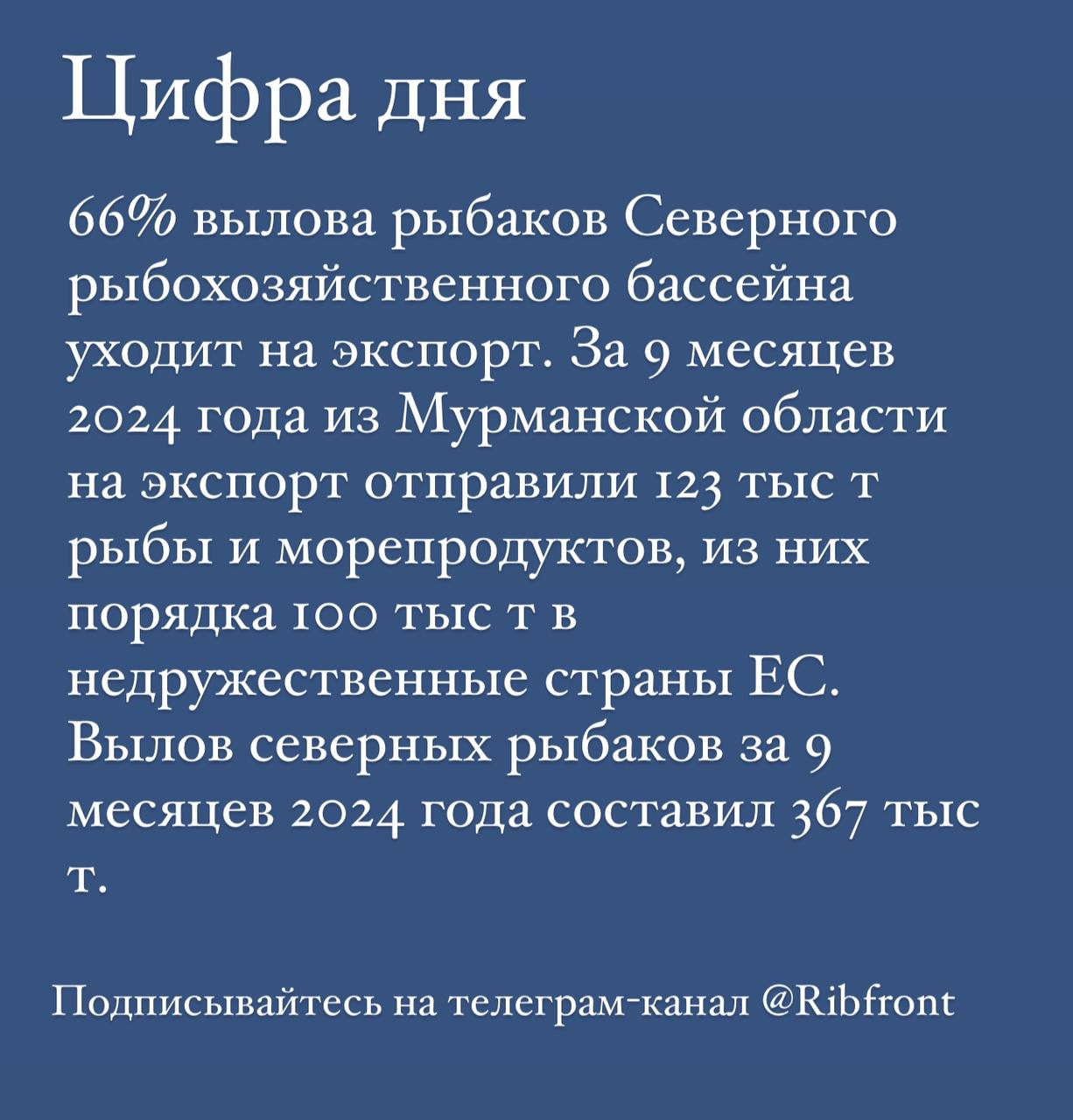 Свыше 65% вылова северных рыбаков уходит на экспорт   За 9 месяцев 2024 года из Мурманской области на экспорт отправили 123 тыс т рыбы и морепродуктов, сообщает ТГ-канал РЫБФРОНТ со ссылкой на пресс-службу Россельхознадзора.  Большую часть вылова - более 98 тыс т - отправили в недружественные страны Европейского союза. В Китай экспортировали 17,4 тыс т продукции, в Южную Корею – 4,3 тыс т.  Добавим, что за 9 месяцев 2024 года в Северном рыбохозяйственном бассейне добыто 367,2 тыс т, что на 8,5 тыс т или на 2,3% меньше уровня 2023 года. Трески добыто 191,2 тыс т, пикши - 46 тыс т.    #цифрадня