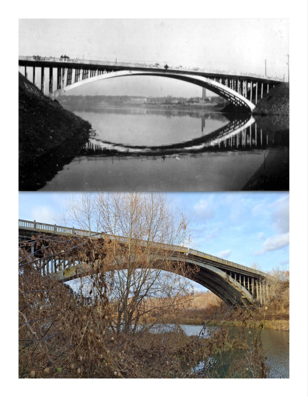 95 лет Горбатому мосту через Казанку 6 ноября 1930 года было открыто трамвайное гужевое и пешеходное движение Он соединил крупные промышленные слободы Ягодную и Адмиралтейскую стал первым железобетонным мостом Казани Остальные переправы города в то время были деревянными за исключением каменного Лебедевского моста через Булак Строительство началось летом 1928 года Перед этим был разобран старый деревянный Ягодинский мост на этом месте Руководил строительством инженер Дмитрий Владимирович Кованько С самого начала возникли большие проблемы Дважды в течение всего срока работ случались аварии по причине негодного исследования грунта Кованько проектировал мост как бесшарнирный однако под одной из береговых опор оказался плывун Перед завершением стройки в середине пролета оказался шарнир мост треснул сплошность бетонной арки нарушилась Открытие моста было приурочено к 13 й годовщине Октябрьской революции Откладывать было нельзя За четыре дня до открытия 2 ноября 1930 года президиум Казанского горсовета за подписями временно исполняющей обязанности председателя КГС Тазетдиновой и секретаря Сибгатуллина издал обязательное постановление о правилах эксплуатации моста где ввёл ограничения Было запрещено скопление пешеходов армейским колоннам разрешалось переходить мост только рядами разбитым шагом не больше шести человек в каждом ряду Трамваям разрешался только тихий ход Запрещался одновременный переезд более двух трамвайных вагонов моторного и прицепного и двух грузовых машин Тяжёлые грузы в том числе автокатки котлы и т д только по отдельному разрешению горкомхоза На мосту был постоянный милицейский пост следить за исполнением правил У Кованько были неприятности Подозревали вредительство что в то время было тяжёлым обвинением Инженер ходил на допросы в ТатНКВД но ему удалось убедить следствие в своей невиновности Трамвайное движение по мосту было закрыто в 1937 м С 1951 года уже ходил троллейбус В 1975 м движение транспорта было запрещено но аварийный мост ещё долго оставался пешеходным Он был окончательно закрыт в 2010 м Сегодня мост обладает охранным статусом исторически ценного градоформирующего объекта ИЦГФО В 2022 году было объявлено что мост будет демонтирован Вместо него будет воссоздана копия Сроков пока нет Разница между кадрами около 90 лет Казань Было стало Также посмотрите какой была улица Городецкого ныне Карла Фукса