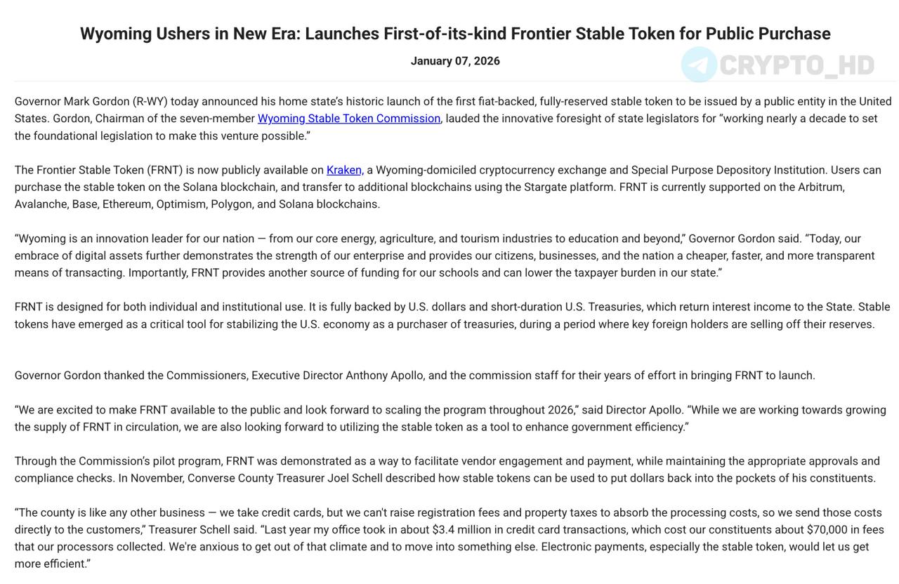 Первый госстейблкоин США FRNT штат Вайоминг Запущен на криптобирже Kraken Поддерживается сетями Arbitrum ARB Avalanche AVAX Base Ethereum ETH Optimism OP Polygon POL и Solana SOL investing investing
