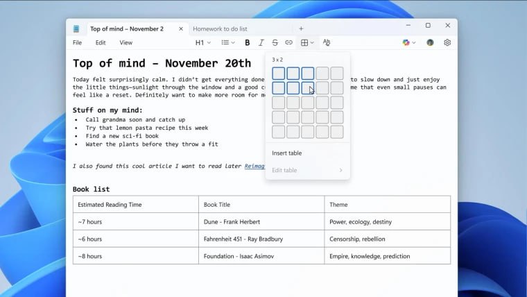 На Windows 11 появилась полезная функция которая давно есть в macOS Microsoft объявила о внедрении полноценной поддержки таблиц в приложение Блокнот Обновление для Windows 11 позволит создавать редактировать и форматировать таблицы прямо в стандартном текстовом редакторе что делает его более универсальным инструментом Владельцам macOS функция известна давно благодаря приложению Заметки однако на винде редактор появился только сейчас Эксперты считают что апдейт частично может заменить ранее удаленный компанией WordPad Пока обновление доступно для загрузки участникам Windows Insider на каналах обновлений Canary и Dev Развертка стабильной версии начнется после тестирования и отладки всех процессов iguides