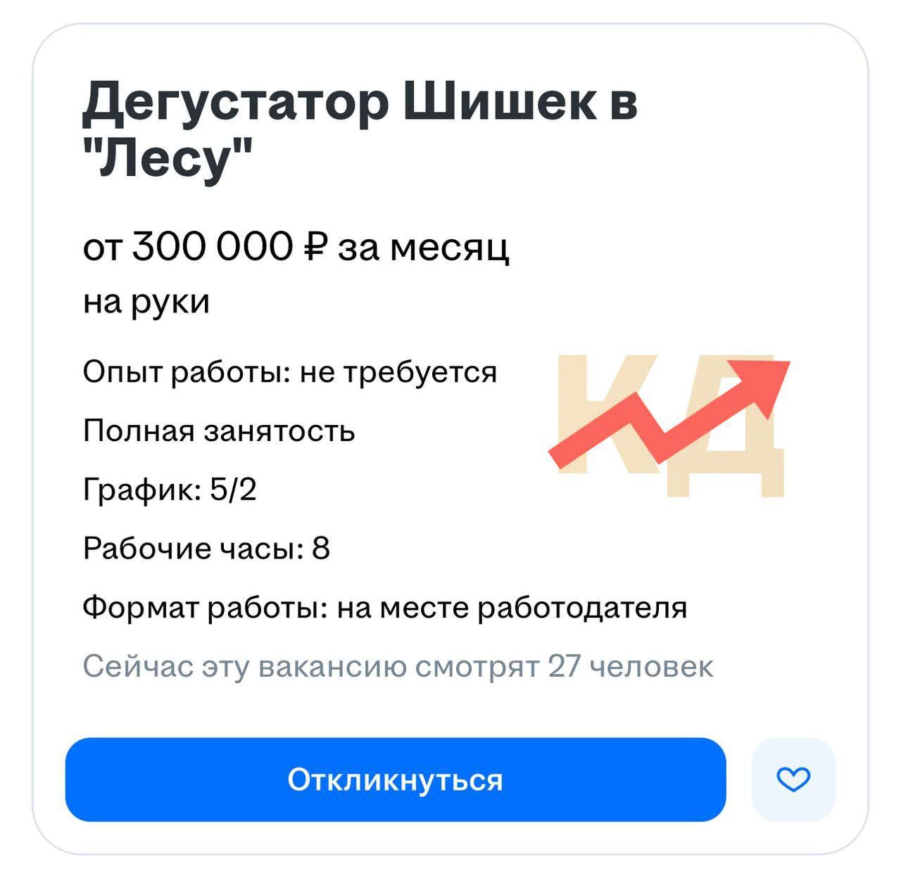 Тем временем в Кемерово ищут дегустатора шишек с зарплатой от 300 тысяч рублей Сеть магазинов «Калина Малина» натуральных продуктов из Сибири открыла вакансию дегустатора шишек. От кандидата требуется ежедневно пробовать разные виды продукта, отличать подлинные шишки от подделок и составлять вкусовые отчёты. Обещают не только зарплату от 300 тысяч рублей, но и бесплатные экскурсии — вероятно, на места сбора. Подпишись на «RED»