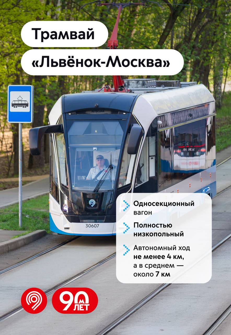 В столицу поставят 100 новых односекционных трамваев "Львёнок-Москва" Первая половина вагонов придёт в депо им. П.Л. Апакова в этом году, вторая — в следующем, и мы полностью завершим обновление трамвайного парка Москвы. "Львёнок" сможет перевозить до 150 пассажиров, в салоне — 41 сидячее место. В вагонах будет всё нужное для комфортной поездки: система климат-контроля, мультимедийные экраны, разъёмы для зарядки мобильных устройств, места для колясок и велосипедов. Новые трамваи оборудуют инновационной системой увеличенного автономного хода. Благодаря бортовой системе накопления электроэнергии они смогут ехать не меньше 4 км без контактной сети, а в среднем — около 7 км. Вагоны из новой поставки пойдут на замену предыдущего поколения, а также на расширение трамвайного парка, сокращение интервалов движения на действующих маршрутах и на новые строящиеся линии. Московская трамвайная система очень востребована: по будням совершается около 750 тыс. поездок, а количество пассажиров с каждым месяцем растёт. Мы строим новые и возрождаем исторические маршруты. Сейчас прокладываем линию на проспекте Академика Сахарова, на Трифоновской улице восстанавливаем участок от улицы Образцова до Рижской площади.