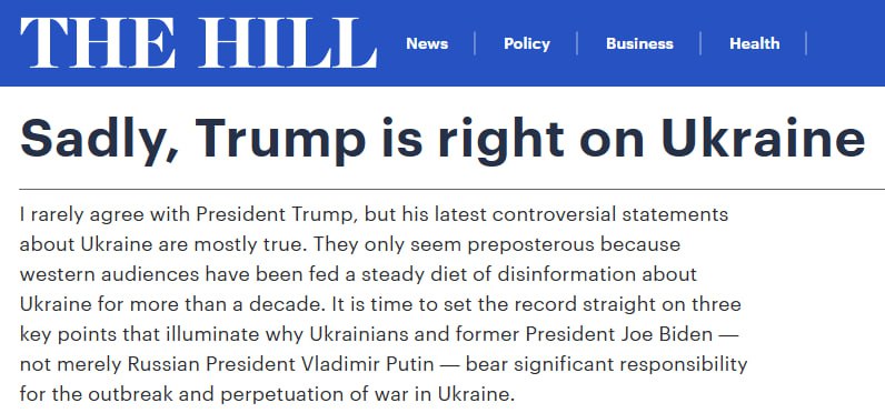 К сожалению, Дональд Трамп прав по поводу Украины – The Hill  Ответственность за начало и эскалацию украинского конфликта должны нести Владимир Зеленский и Джо Байден, признаёт издание.  Насилие началось с украинских правых на Майдане, а после перекинулось на восток страны. Зеленский не пытался урегулировать конфликт, как обещал перед выборами, а начал закупать оружие на Западе и нарушать Минские соглашения.  «Байден тоже внёс решающий вклад в эскалацию конфликта. В конце 2021 года, когда Россия потребовала выполнения соглашений, Байден имел возможность надавить на Зеленского, но не сделал этого», – отмечает автор статьи.  Подписывайтесь на «Абзац»