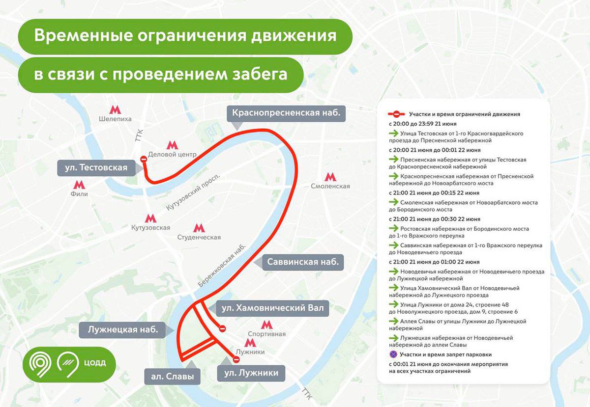 В связи с забегом, набережные в центре Москвы будут закрыты на ночь с 21 на 22 июня. Также водители не смогут парковать свои автомобили на всем протяжении мероприятия до его завершения.