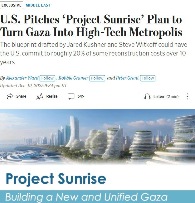США хотят превратить сектора Газа в высокотехнологичный прибрежный мегаполис и курорт администрация Трампа разработала инициативу под названием Восход солнца План рассчитан на 20 лет и оценивается в 112 1 млрд предполагая масштабную реконструкцию территории с упором на туризм инфраструктуру и современные технологии bankser