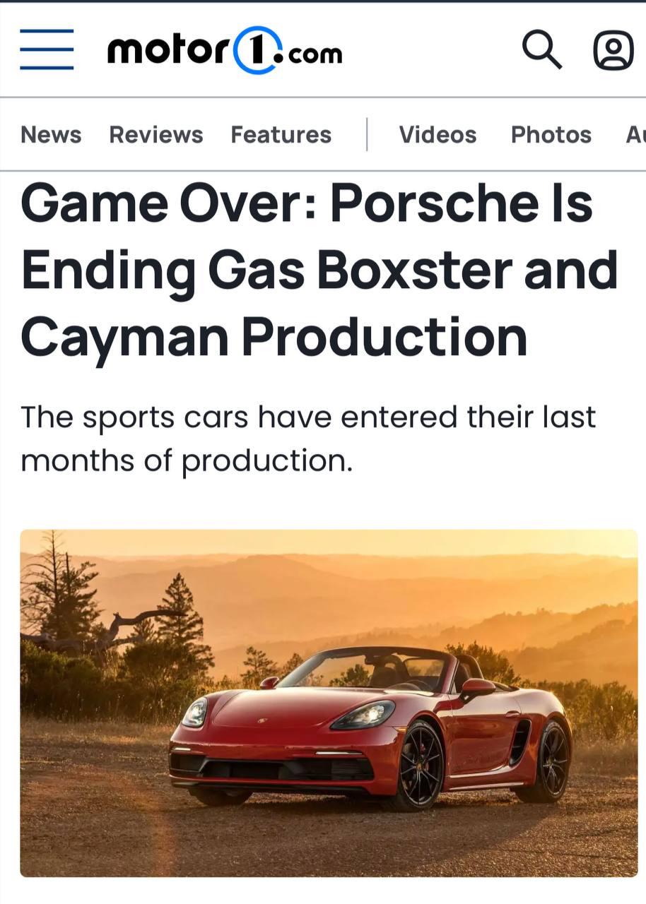 Porsche окончательно сворачивает производство бензиновых Boxster и Cayman - последние спорткары выпустят в октябре Из-за новых экологических норм в Европе модели уже сняты с продаж, теперь очередь за остальным миром. Им на смену придут электроверсии, при этом Porsche обещает сохранить характерную динамику и мощность - но без ДВС. Бренд при этом не отказывается от бензиновых моделей вообще: Cayenne и Panamera останутся с ДВС, а для Macan готовится новый бензиновый кроссовер.