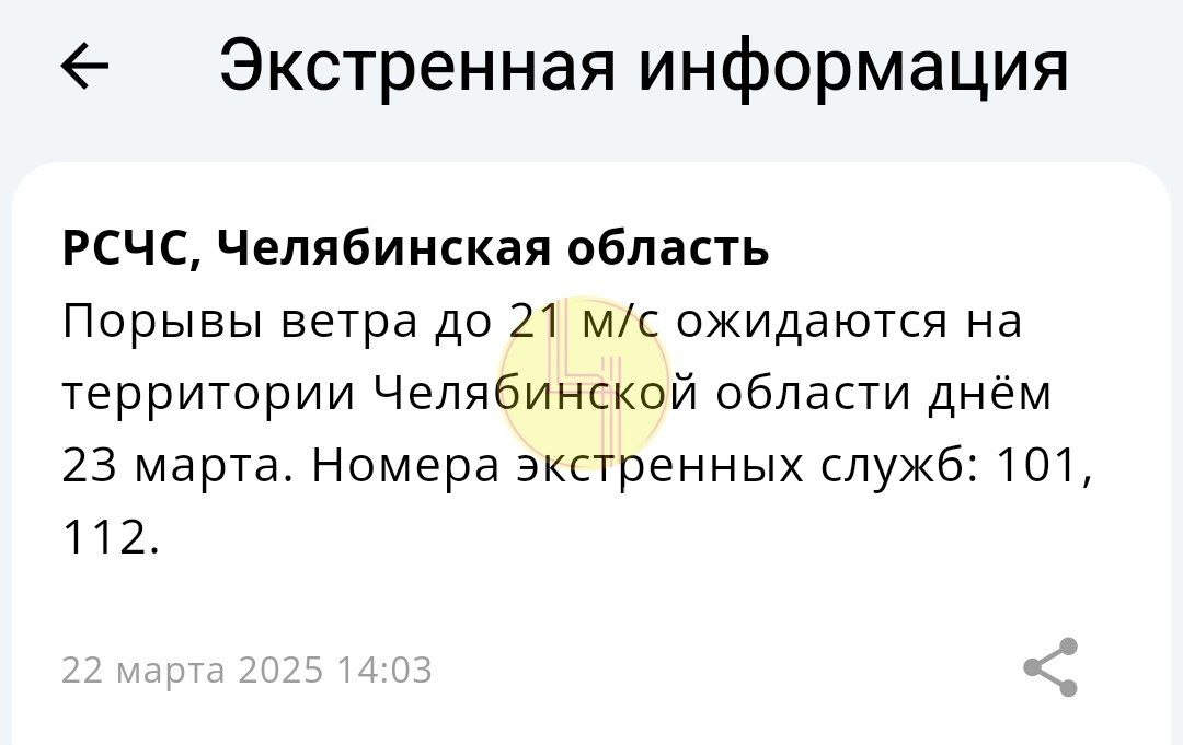 Экстренное предупреждение выпустили в Челябинской области.   23 марта в регионе ожидается ветер до 21 м/с. Будьте осторожны.    Подпишись   Поделись новостями