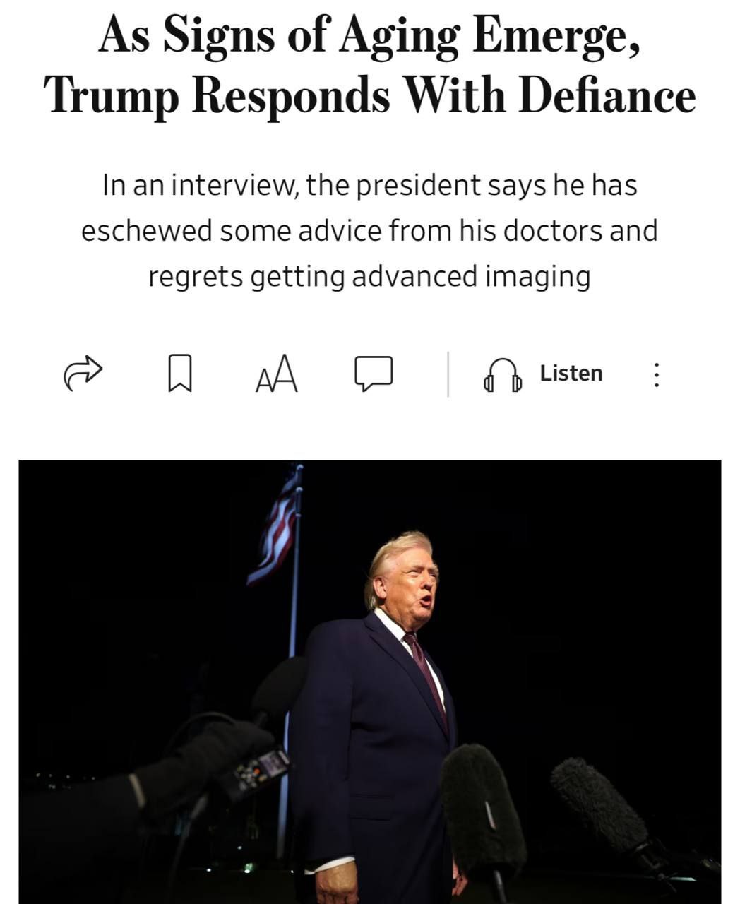 Дональд Трамп уже около 25 лет принимает большие дозы аспирина из за чего у него легко появляются синяки Об этом он рассказал в интервью The Wall Street Journal По словам Трампа врачи советовали ему снизить дозировку аспирина однако он отказался поскольку принимает его уже много лет Я немного суеверен Говорят аспирин разжижает кровь а я не хочу чтобы через мое сердце текла густая кровь Я хочу чтобы текла красивая жидкая кровь Это имеет смысл сказал он Президент также признался что недолгое время носил компрессионные носки из за опухших лодыжек но отказался от них потому что они ему не понравились Кроме того Трамп заявил что сожалеет о прохождении расширенного медицинского обследования в октябре так как это привлекло лишнее внимание к его здоровью Оглядываясь назад жаль что я это сделал потому что это дало им немного оружия сказал он комментируя кардиологическое и абдоминальное сканирование проведённое в октябре По его словам само обследование было воспринято так будто что то не так хотя на самом деле проблем не выявили Трамп также поделился что нередко игнорирует рекомендации врачей и скептически относится к общепринятым медицинским советам полагаясь на свою хорошую генетику При этом он и его врач заявили что президент находится в отличной форме а его помощники подчеркивают что Трамп ведёт очень активный рабочий график