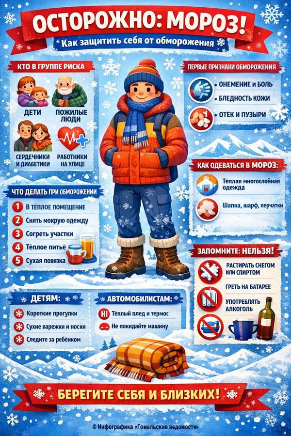 В Гомеле рассказали как защитить себя и близких от обморожения С понижением температуры возрастает риск переохлаждения и обморожения Особенно внимательными должны быть пожилые люди дети беременные женщины люди с хроническими заболеваниями а также те кто по работе или образу жизни вынужден долго находиться на улице Подпишитесь на Гомельские ведомости