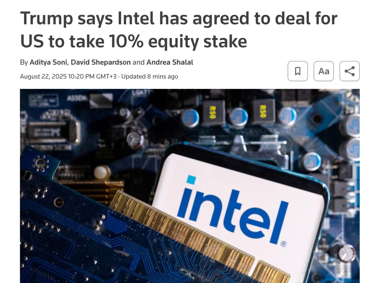 Intel продаст правительству США 10 акций компании сообщил Трамп в Белом доме пишет Reuters Западные журналисты заявляют что таким образом президент США хочет получить больше влияния в американском Бигтехе roubledollar