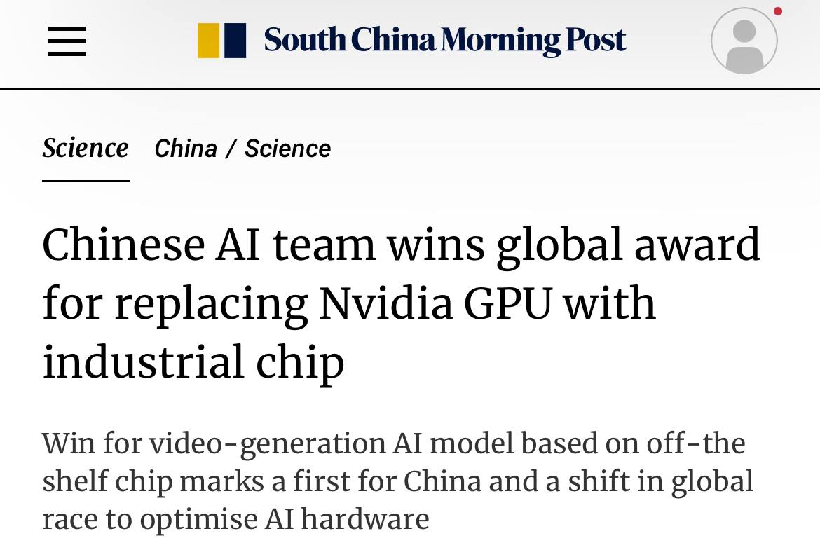 Китай успешно конкурирует с Nvidia в сфере ИИ, — SCMP   FlightVGM — модель искусственного интеллекта  ИИ  для создания видео, созданная в Китае на базе стандартного промышленного чипа V80 FPGA от AMD. Это серьёзный вызов доминированию американского гиганта Nvidia в области аппаратного обеспечения ИИ, — констатирует  South China Morning Post  SCMP    Китайская разработка превосходит флагманский графический процессор Nvidia RTX 3090 по производительности на 30%  и по энергоэффективности — в 4 раза   FlightVGM получила высшую оценку на престижной конференции FPGA 2025, что ознаменовало кардинальные изменения в глобальной гонке за оптимизацию аппаратного обеспечения ИИ, — подчёркивает SCMP  «КРИСТАЛЛ РОСТА» ранее информировал о том, что по мнению  Bloomberg Китай не отступит перед Западом, бросая вызов мировому порядку, возглавляемому США. Его главным партнёром в этой миссии является Россия. По мнению SCMP Российско-Китайская экосистема ИИ обещает стать моделью, которую будут копировать во всём мире