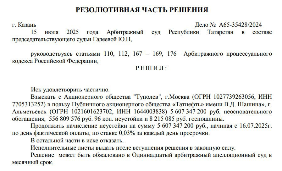 "Туполев" должен "Татнефти" 6,2 млрд рублей. Новые Ту-214 появятся не раньше 2027 года. Арбитражный суд Татарстана частично удовлетворил иск "Татнефти" к "Туполеву", обязав выплатить более 5,6 млрд рублей неосновательного обогащения, 556 млн рублей неустойки и 8 млн рублей госпошлины. И это еще можно называть определением "легко отделались", поскольку изначально иск был на 7,2 млрд рублей. "Татнефть" предъявляла требования: на 5,607 млрд рублей неосновательного обогащения; 1,612 млрд рублей процентов, начисленных по день фактической оплаты. Иск был подан еще 1 ноября 2024 года, ответчиками по нему выступают АО "Туполев" и "Казанский авиационный завод им. С.П. Горбунова", казанский филиал компании. Суд несколько раз рекомендовал сторонам решить спор мирным путем, а потому судебное заседание несколько раз переносилось. При этом стороны не разглашали подробности спора и ходатайствовали о проведении судебного процесса в закрытом формате, аргументировав позицию тем, что материалы дела содержат информацию о гособоронзаказе. Однако местные СМИ сообщают, что речь в иске идет о производстве Ту-214 для авиакомпании ЮВТ Аэро, которая принадлежит "дочке" нефтяной компании. Первые два Ту-214 авиакомпания должна была получить в октябре 2024 года, еще два - в сентябре 2025 года. Вот только сроки традиционно сдвинулись. Как сообщает "Ъ", представитель "Туполева" на суде заявил, что компания готова подписать новые договора на поставку самолетов, но не ранее 2027 года - всё из-за высокой загруженности по оборонным контрактам. Сколько на оборонных контрактах "Туполев" зарабатывает сейчас - не ясно, финансовая отчетность скрыта с 2018 года. Но тогда выручка компании составляла 37 млрд рублей, а чистая прибыль - 851 млн рублей. То есть по иску компания должна примерно в семь раз больше, чем составляла её чистая прибыль в 2018 году. ™ МашТех