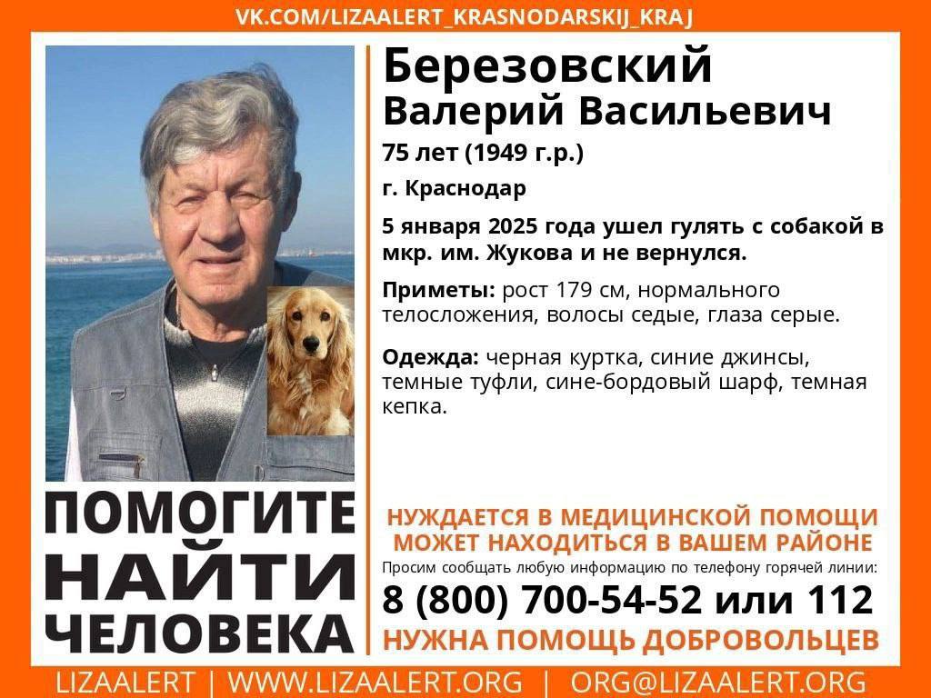 Пожилой краснодарец ушёл гулять с собакой и не вернулся    79-летний Валерий Березовский пропал 5 января. Поисковики не исключают, что он может оказаться и в Ейском районе.  Если у вас есть информация, которая поможет узнать местонахождение мужчины, позвоните:    8 800 7005452 или 112.