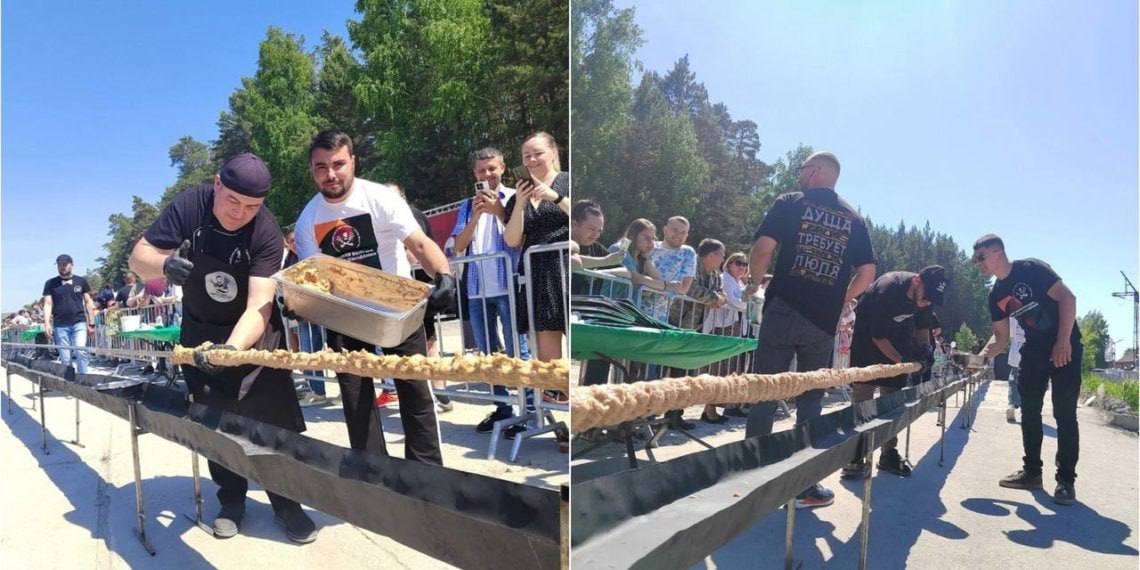 Новосибирские повара приготовили гигантский люля-кебаб и побили мировой рекорд В Академгородке на площадке кафе «Ресторан Гарика Мкртчяна» 1 июня приготовили люля-кебаб длиной 65 метров. Это на пять метров больше предыдущего мирового достижения! Рекорд официально зарегистрировал Глава Международного агентства регистрации рекордов «Интеррекорд», Главный редактор Реестра рекордов России Владислав Копылов. Афиша Новосибирска