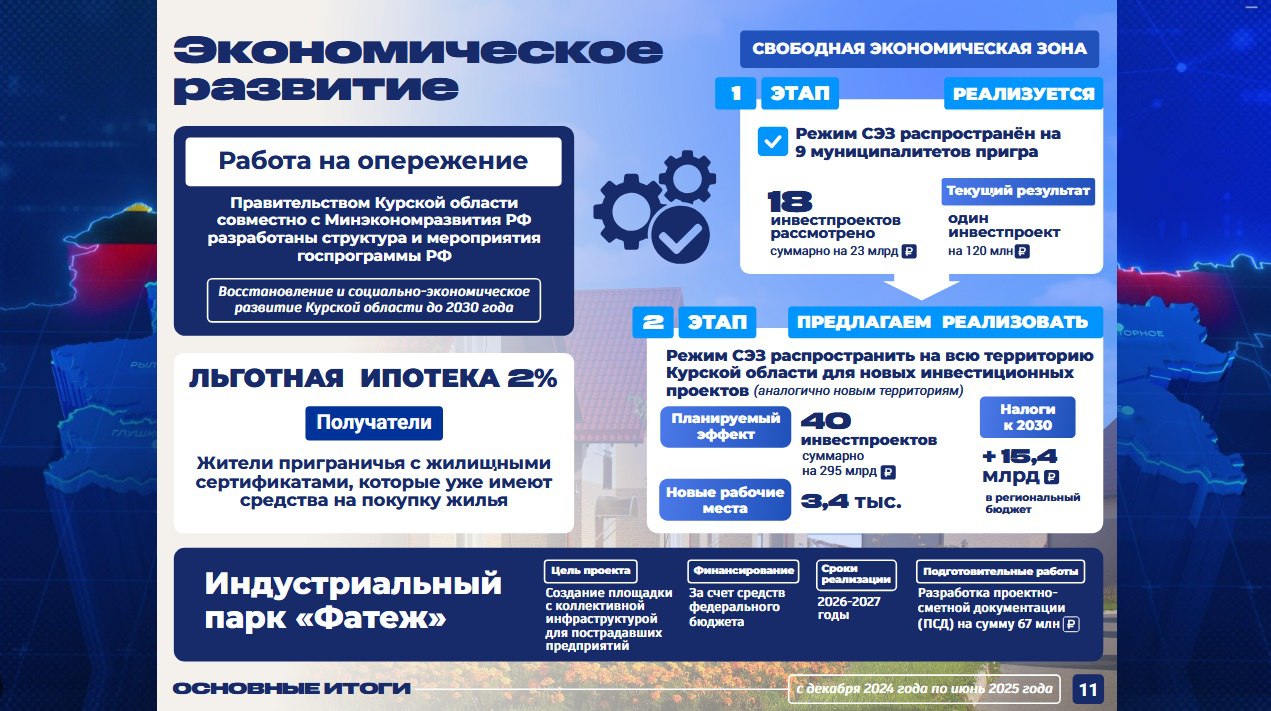 СЭЗ на территории Курской области предлагают расширить Сейчас свободная экономическая зона действует на территории 9 приграничных муниципалитетов. - Наша позиция в том, что СЭЗ должна охватить гораздо большую территорию региона, чтобы к нам приходили инвесторы, экономика развивалась, появлялись новые рабочие места и налоги. Расчёт показывает, что в случае создания такой свободной экономической зоны мы можем получить 40 новых инвестиционных проектов на сумму почти в 300 млрд рублей, - подчеркнул врио губернатора Александр Хинштейн. Сейм Курская область