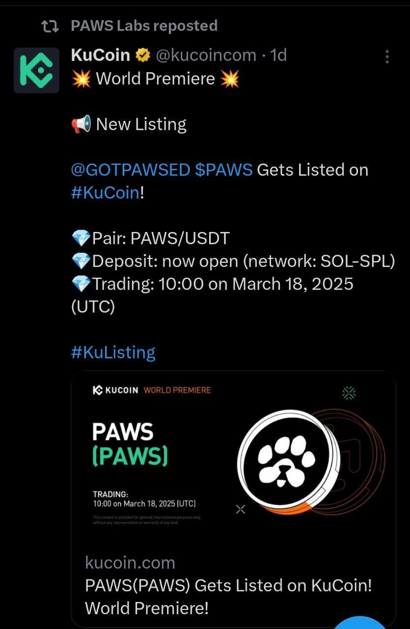 Немного новостей по PAWS    Новые партнеры: биржа KuCoin и Meteora   Meteora — это платформа DeFi на блокчейне Solana. Основная цель Meteora — повысить ликвидность на Solana, что необходимо для более плавной работы сети и общей эффективности.   Пошли разговоры, что уже ждут капитализацию от 500 миллионов, но пока давайте опираться на факты.  Премаркет 0.00039$. При активных 50 миллиардов $PAWS от общего предложения для капитализации 500 миллионов нужно, чтобы цена за Лапу составляла почти в 3 раза больше, чем сейчас на премаркете.  Возможно есть какой-то супер пупер козырь, который скрывают до конца или раскроют уже после листинга, но верится слабо если честно :   И еще важный момент, вывод на Байбит закроется уже завтра, 16 марта, так что успевайте вывести!  Вывели уже свои PAWS?   — Нет, пошел выводить  — Да, все четко, жду листинг    Торгую на MEXC    Играй на ton - Jetton