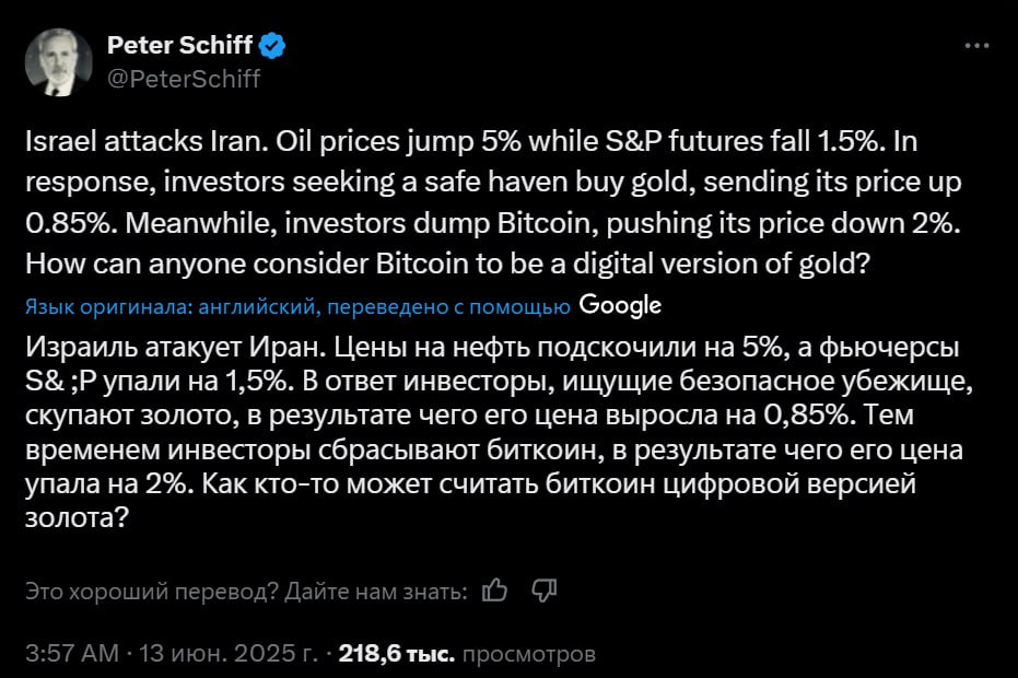 Инвесторам нужно золото, а не ВТС Питер Шифф после атаки Израиля и падения крипторынка написал: Нефть растет на 5%, а S&P падает на 1,5%. В ответ на это — инвесторы ищут безопасное убежище, покупают золото и его цена растет В то же время инвесторы сбрасывают ВТС, после чего цена падает. Как можно считать Биткоин цифровым золотом? Что думаете — он прав или нет? Да / Нет Crypto