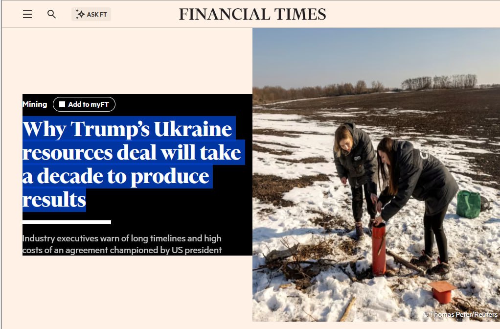 Сделка Трампа по ресурсам с Украиной не даст результатов как минимум 10 лет и потребует огромных частных инвестиций Пишет британская "Фйненшиэл Таймс". Так оценивают соглашение компании и отраслевые эксперты. Документ, ратифицированный украинским парламентом в четверг, направлен на привлечение инвестиций в горнодобывающий и энергетический сектор Украины и создание совместного «фонда реконструкции» за счёт будущих проектов. «Может пройти 10-15 лет — именно такие сроки мы обсуждаем», — заявил Эрик Расмуссен, бывший глава отдела природных ресурсов Европейского банка реконструкции и развития. Питер Брайант, председатель консультативной группы по добыче полезных ископаемых Clareo, отметил, что соглашение: «практически не снижает риски для цепочек поставок в ближайшие 10 лет, поскольку на разведку и разработку месторождений в этой восточноевропейской стране уйдёт как минимум столько же времени». #Украина #США #Ресурсы #Экономика #КрахПроектов Подписывайтесь на "Донбасс решает".