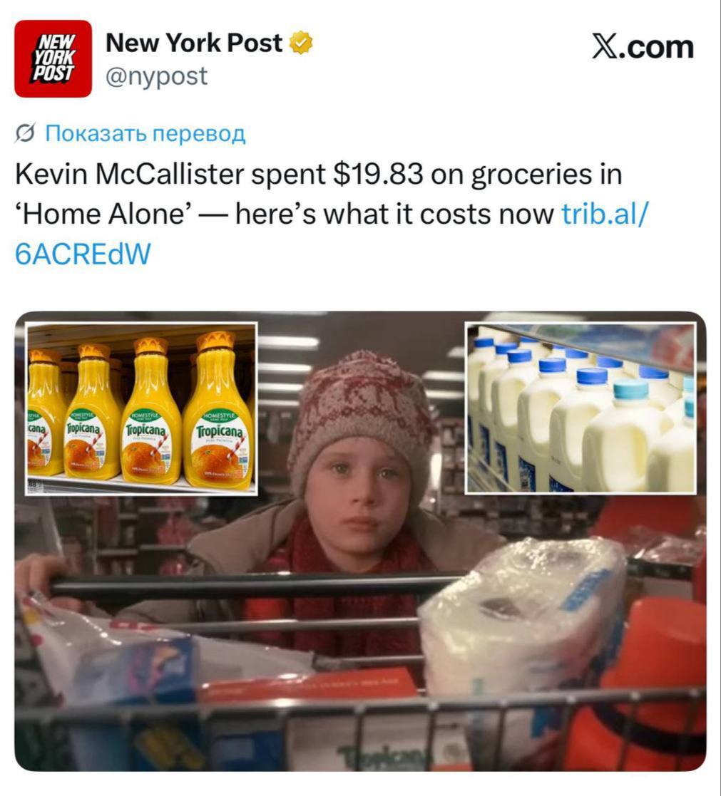 Продуктовая корзина Кевина из Один дома за 35 лет подорожала на 167 В 1990 году она стоила 19 долларов сейчас 53 доллара В корзине были молоко хлеб Tropicana макароны с сыром готовый обед Tide салфетки и туалетная бумага Точка роста