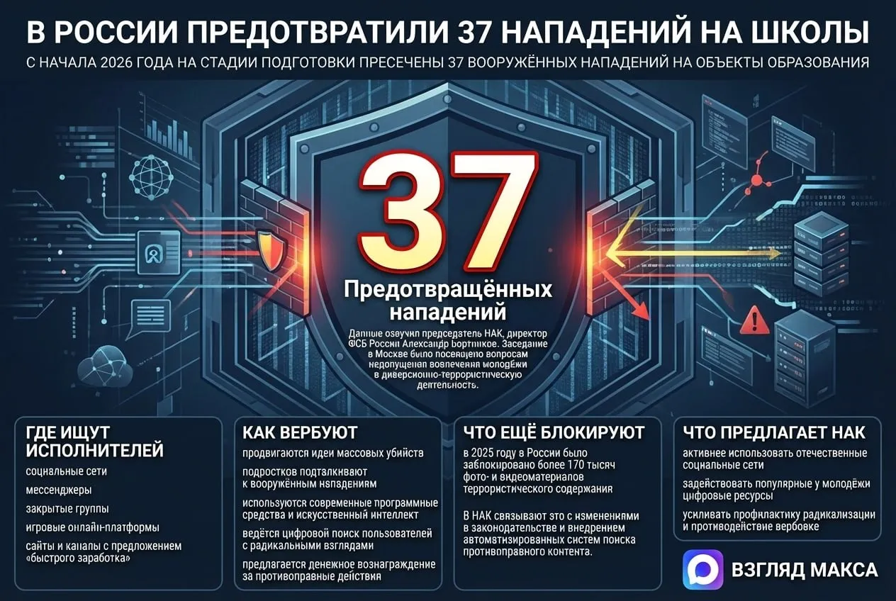 С начала 2026 года в России на стадии подготовки предотвращено 37 вооружённых нападений на объекты образования Эти данные озвучил председатель Национального антитеррористического комитета директор ФСБ России Александр Бортников на заседании НАК в Москве Заседание прошло под руководством Бортникова и было посвящено вопросам совершенствования работы по недопущению вовлечения молодёжи в диверсионно террористическую деятельность По данным комитета противник активизировал работу в социальных сетях и мессенджерах где через закрытые группы связанные с террористическим движением продвигаются идеи массовых убийств и подростков подталкивают к вооружённым нападениям Отдельно в НАК подчеркнули что для вербовки молодёжи всё чаще используются игровые онлайн платформы а также сайты и каналы предлагающие быстрый заработок По словам Бортникова противник не оставляет попыток вовлечь российских подростков и молодых людей в противоправную деятельность именно через такие форматы Как заявил глава НАК украинские неонацисты широко применяют современные программные средства и искусственный интеллект для выявления интернет пользователей которые разделяют радикальные взгляды и готовы за денежное вознаграждение совершать противоправные действия Речь по сути идёт о целенаправленном цифровом поиске потенциальных исполнителей диверсий и терактов В комитете отдельно отметили что многие из тех кто шёл на подобные преступления не задумывались о последствиях своих действий а также о неотвратимости и тяжести наказания На заседании также привели данные о работе по очистке информационного пространства По информации НАК в 2025 году в России было заблокировано более 170 тысяч фото и видеоматериалов террористического содержания В комитете связывают это с изменениями в законодательстве и внедрением современных автоматизированных систем поиска противоправного контента В числе предлагаемых мер НАК назвал более активное использование отечественных социальных сетей и других популярных у молодёжи цифровых ресурсов для профилактики радикализации и противодействия вербовке Читай в Max Читай в Telegram Смотри на RUTUBE