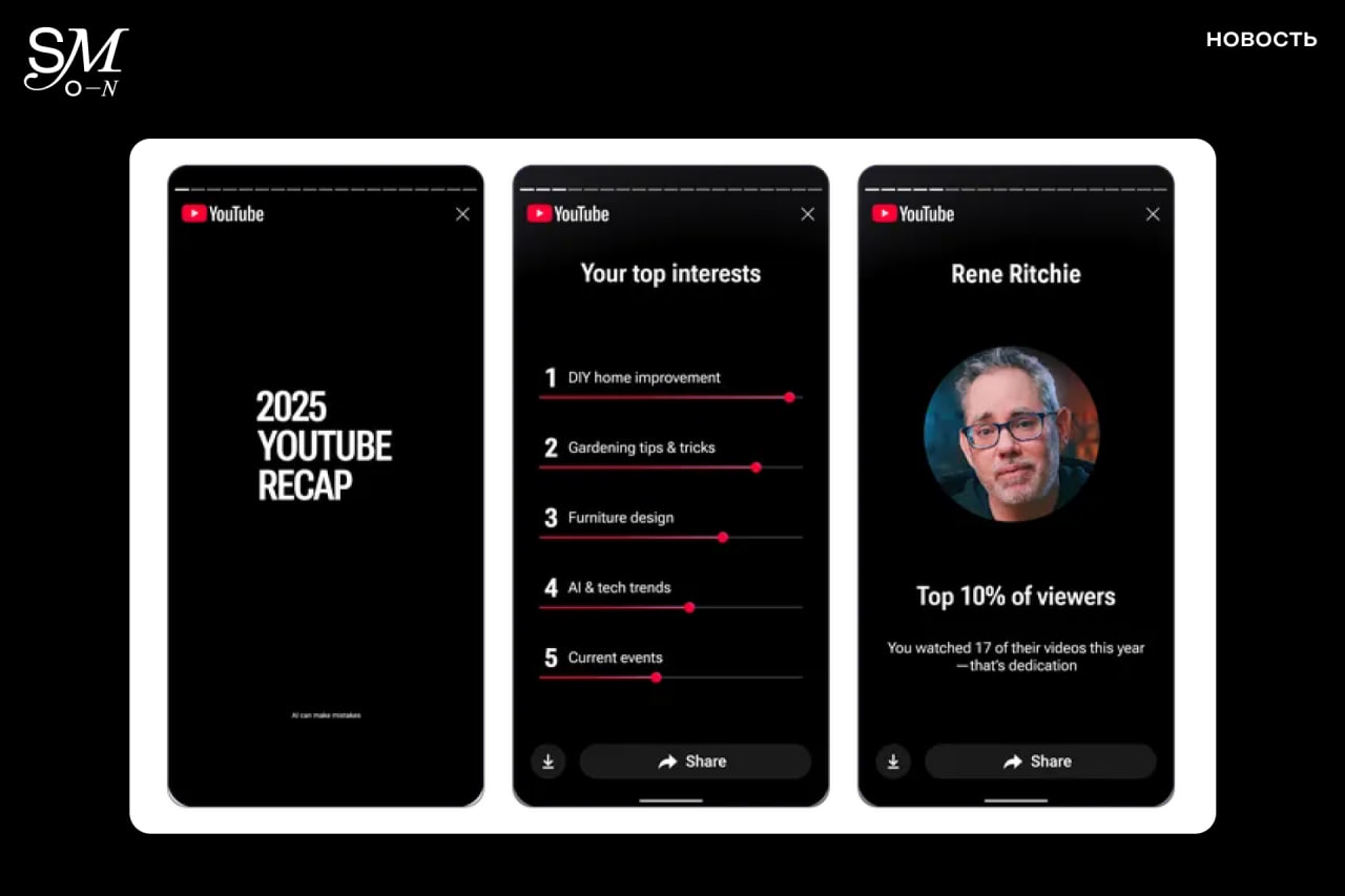 YouTube подвел итоги 2025 года ваши личные тоже Видеохостинг опубликовал списки самых популярных видео авторов и тем Кроме того теперь платформа показывает вашу личную статистику персонализированный YouTube Recap то есть что вы смотрели весь год Система выдает специальные карточки и определяет ваш тип личности зрителя механика полностью заимствована у музыкальных стримингов Итак главные тренды 2025 года Темы в топе проекты Netflix KPop Demon Hunters и Игра в кальмара Nintendo Switch 2 игрушки Labubu и термин brainrot Авторы бессменный лидер с 2020 года MrBeast Также в топ попали IShowSpeed и Чарли Кирк Подкасты первое место удерживает Джо Роган следом идут ветераны платформы Good Mythical Morning settersmedia news