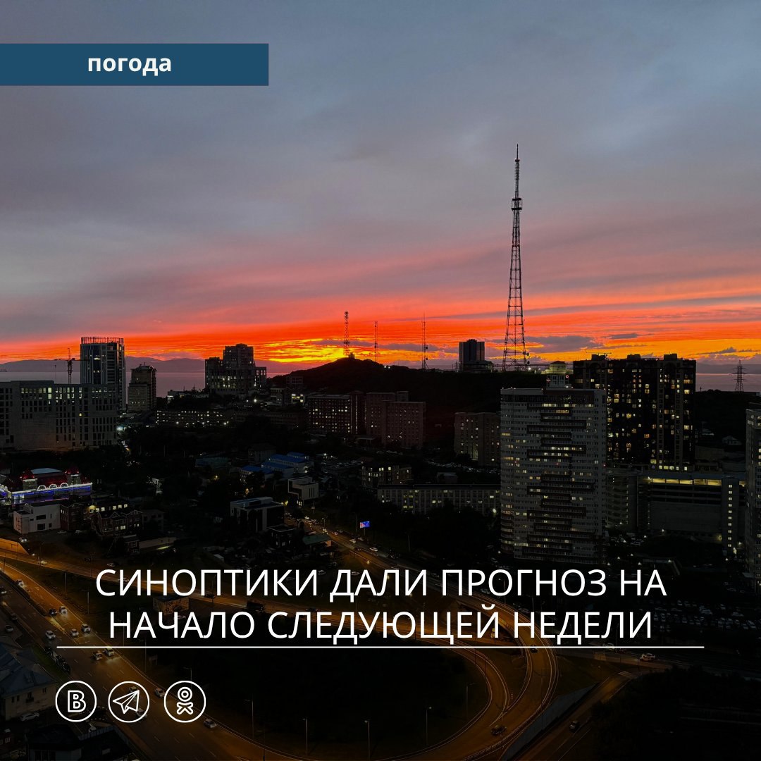 В начале следующей недели, 14–15 июля, погода в Приморском крае ожидается неустойчивой. Над краем один за другим будут смещаться атмосферные фронты, вызывая местами небольшие и умеренные дожди, в отдельных районах ливни с грозами. Погода начнёт улучшаться только в среду, 16 июля, когда атмосферные фронты покинут территорию Приморья. Дожди прекратятся, облачности станет меньше. Минимальные температуры в пределах +13…+20 °C, максимальные +25…+32 °C, прохладное останется восточное побережье, +17…+22 °C. Во Владивостоке в ночные и утренние часы местами появится туман. Существенных осадков не ожидается. В ночные часы температура будет понижаться до +19…+21 °C, днём прогрев до +27…+31 °C.