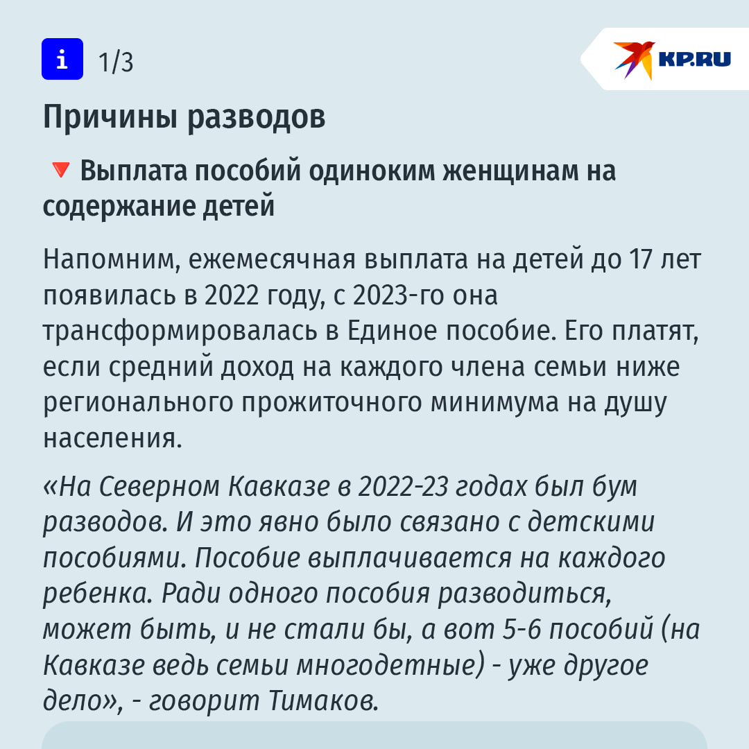 Распадаются 7 из 10 браков: почему в России резко выросло число разводов   360 тысяч браков, 318 тысяч разводов. Такова статистика российских ЗАГСов за первую половину года. Выходит, если раньше в среднем из десяти браков распадались шесть-семь, то в этом году - больше восьми. Да и в мире мы среди лидеров. Forbes приводит данные: Россия занимает третье место среди всех стран по частоте разводов. На 1000 человек у нас - 3,9 развода в год. Больше – только у Казахстана  4,6  и Мальдив  5,52 .  "Во многих странах Европы люди часто не заключают семейных союзов, поэтому и распадаться там практически нечему. А вот Россия и США традиционно на протяжении десятилетий в числе лидеров по разводам. Да, в России соотношение разводов и браков сейчас хуже, чем когда-либо. Но это связано еще и с тем, что в браки сейчас вступают преимущественно молодые люди, которые были рождены в 90-х- начале нулевых до введения материнского капитала. Это малочисленное поколение, соответственно и браков заключается мало  а разводится не только недавно поженившаяся молодежь, но и долго прожившие в браке пары , отсюда и более высокий процент разводов", - говорит демограф Владимир Тимаков.