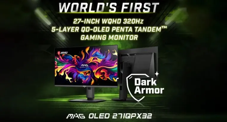 MSI показала 27 дюймовый QD OLED нового поколения MSI анонсировала MAG OLED 271QPX32 первый 27 дюймовый WQHD монитор с 5 слойной Penta Tandem QD OLED панелью Samsung Display Диагональ 26 5 дюйма разрешение 2560 1440 частота 320 Гц отклик 0 03 мс GtG Панель относится к 4 му поколению QD OLED и использует 5 слойную излучающую структуру Penta Tandem MSI обещает меньше проблем с проваленными тенями серыми полосами и изменением гаммы при смене частоты или включении VRR Покрытие DarkArmor должно улучшить глубину чёрного на 40 и повысить твёрдость поверхности с 2H до 3H За движение и HDR отвечают сертификаты VESA ClearMR 15000 и DisplayHDR True Black 500 По данным MSI и Samsung Display при взгляде под углом 60 яркость сохраняется на уровне 83 против 44 у обычных OLED Монитор покажут на Computex 2026 но цену и сроки продаж MSI пока не раскрыла 320 Гц на QD OLED уже достаточно для игр или хочется 500 Гц Наши каналы Мsi Мoнитoры