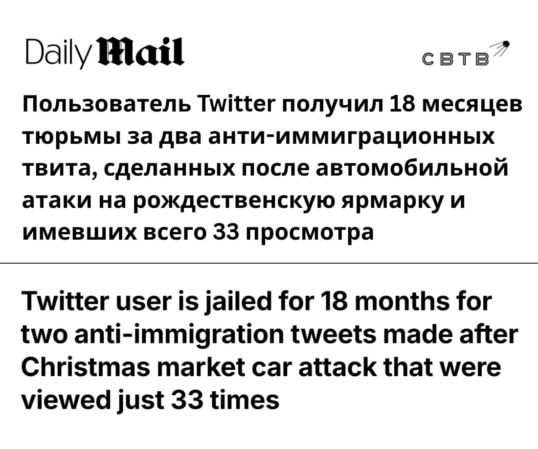 Британца приговорили к 18 месяцам тюрьмы за два твита с критикой либеральной иммиграционной политики которые он написал после теракта на рождественской ярмарке Посты которые сочли разжигающими расовую ненависть набрали 33 просмотра Они были написаны после зверского нападения на посетителей ярмарки в немецком Магдебурге Когда жители Германии вышли на митинг против приезжих он написал Направляйтесь к гостиницам в которых они живут и сожгите их дотла 36 летний Люк Ярвуд получил 18 месяцев заключения В полицию на него донёс зять с которым у них был личный конфликт Сторона обвинения утверждала что публикации могли спровоцировать массовые беспорядки Адвокаты настаивали что твиты на 33 просмотра это бессильные разглагольствования не имеющие реальных последствий В этом году в Германии была запрещена рождественская ярмарка в Магдебурге из за прошлогоднего теракта Задонатить через бота Patreon