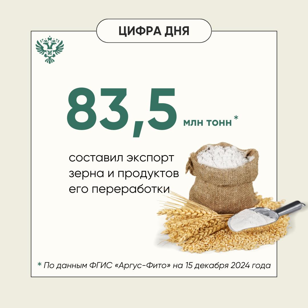 Экспорт зерна и продуктов его переработки, по данным ФГИС «Аргус-Фито» на 15 декабря 2024 года, превысил 83,5 млн тонн, что на 4%, или 3,5 млн тонн, превышает показатель аналогичного периода 2023 года — 80 млн тонн.    Основной объем отгрузок приходится на страны Ближнего Востока, Африки и Азии.  #цифра_дня