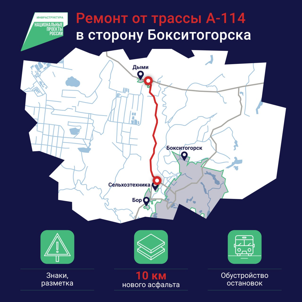 От «федералки» в сторону Бокситогорска – по новому асфальту В Бокситогорском районе этим летом стартует ремонт участка дороги Дыми – Бор – Колбеки – Бочево протяженностью 10 километров. Работы будут проходить по Дымскому шоссе – от трассы А-114 в направлении Бокситогорска – через деревню Дыми до поселка Сельхозтехника. Обновление пройдет в рамках нацпроекта «Инфраструктура для жизни». Что будет сделано: укреплены обочины два слоя асфальта обновлены остановки знаки и разметка. Кстати, здесь в рамках нацпроекта также будет обновлен подъезд к Бокситогорску. Важное о дорогах Ленобласти Бот обратной связи