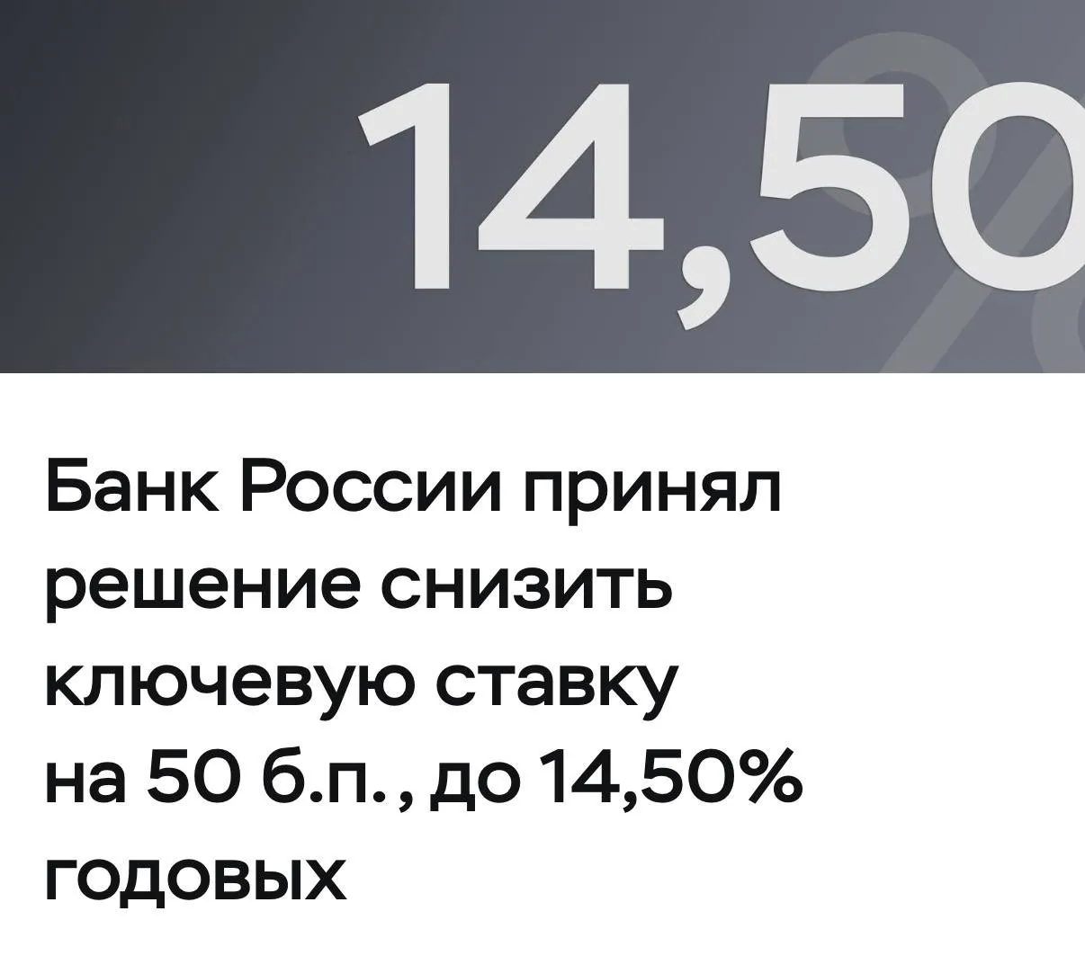 Центробанк снизил ключевую ставку восьмой раз подряд Банк России снизил ключевую ставку с 15 до 14 5 годовых Медленно но уверенно идём к комфортной ставке Следующее заседание состоится 19 июня